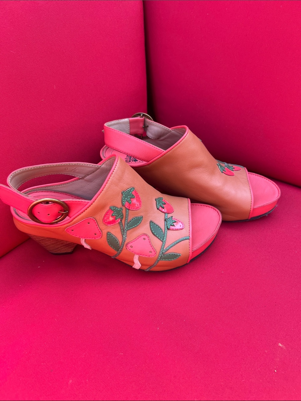 John Fluevog Brown and Coral Leather Floral Slingback Mules.